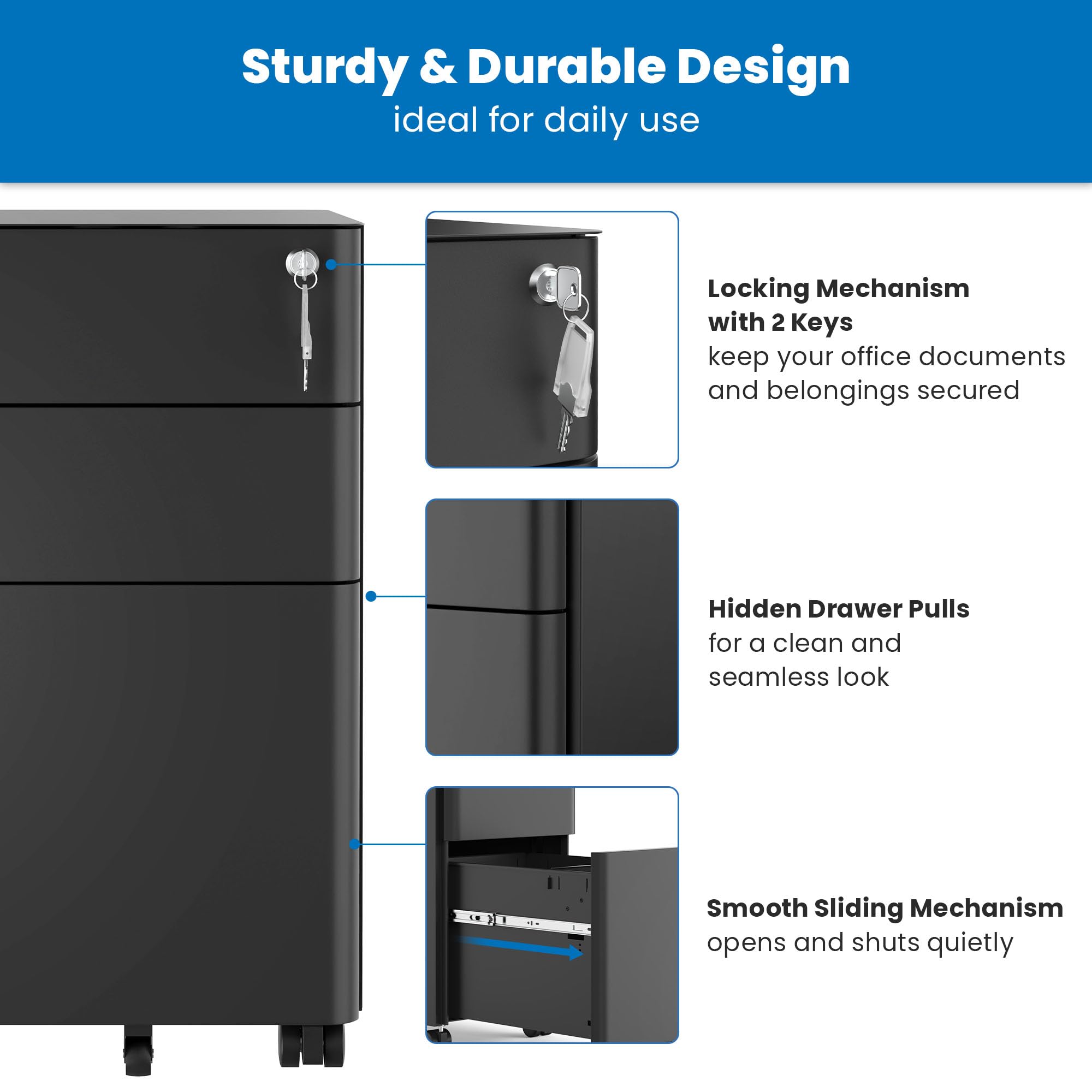 Mobile File Pedestal, File Cabinet with 3 Drawers, Slim Design Under Desk Storage