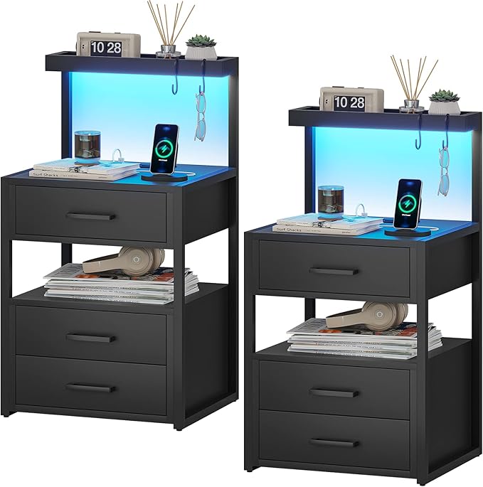 Nightstand with Charging Station and LED Lights, LED Night Stand with 2 USB Ports and 2 AC Outlets,