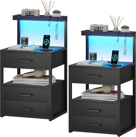 with Charging Station and LED Lights, LED Night Stand with 2 USB Ports and 2 AC Outlets, Modern End Table with 3 Drawers, Bedside Table with Open Storage for Bedroom, White