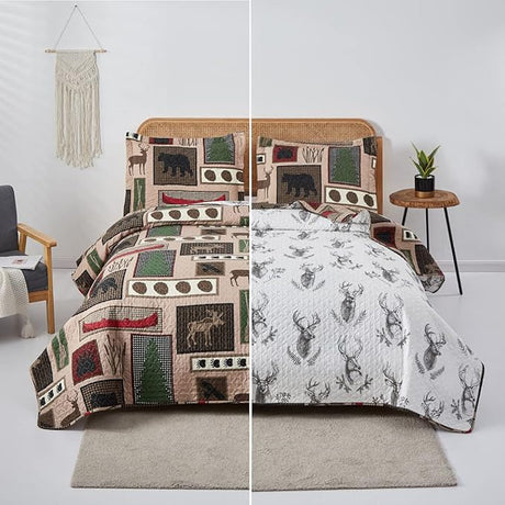 Reversible Lodge Plaid Bedding Moose Bear Quilt Full/Queen Size Rustic Bedspread Cabin