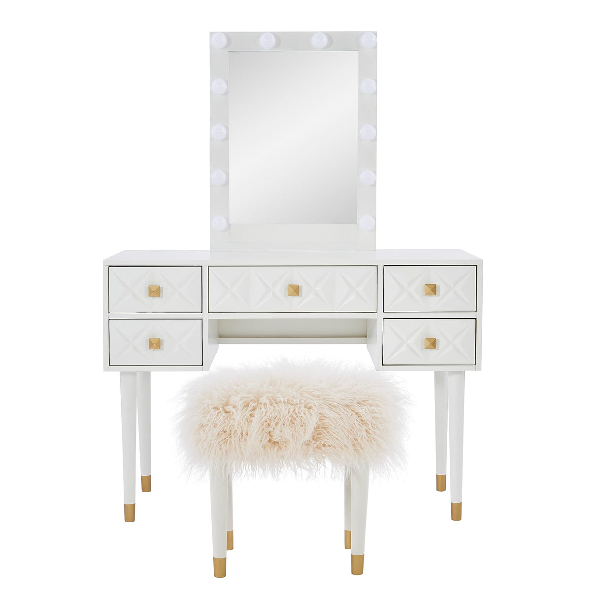 Makeup Vanity Two Piece Set with Lighted Glam Mirror Accents, White and Gold