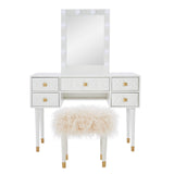 Makeup Vanity Two Piece Set with Lighted Glam Mirror Accents, White and Gold