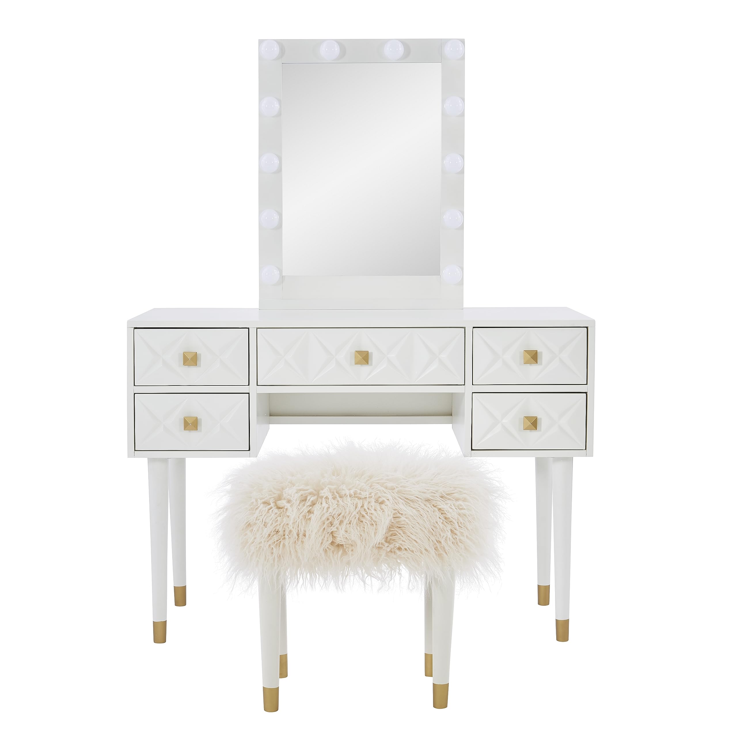 Makeup Vanity Two Piece Set with Lighted Glam Mirror Accents, White and Gold