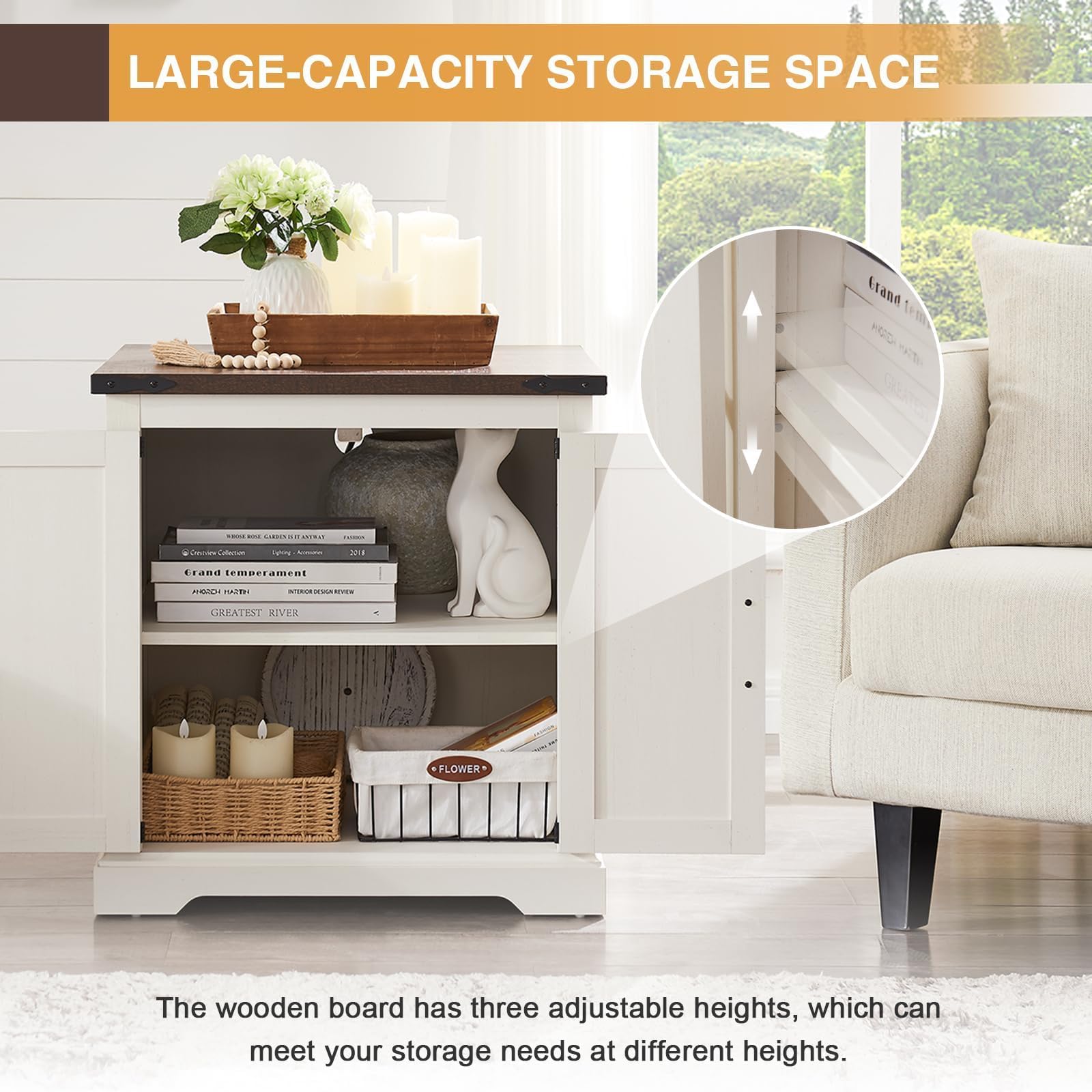 Farmhouse End Table with Charging Station,24" Large Sofa Side Table