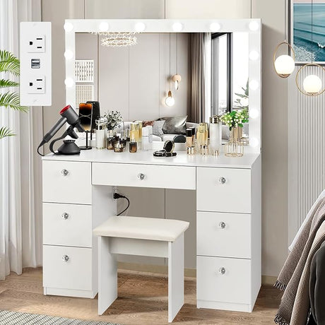 Lighted Mirror, Makeup Vanity Desk with Power Outlet and LED Bulbs, 3 Color Lighting Modes Adjustable Brightness, 7 Drawers Vanity Table with Cushioned Stool for Bedroom, White