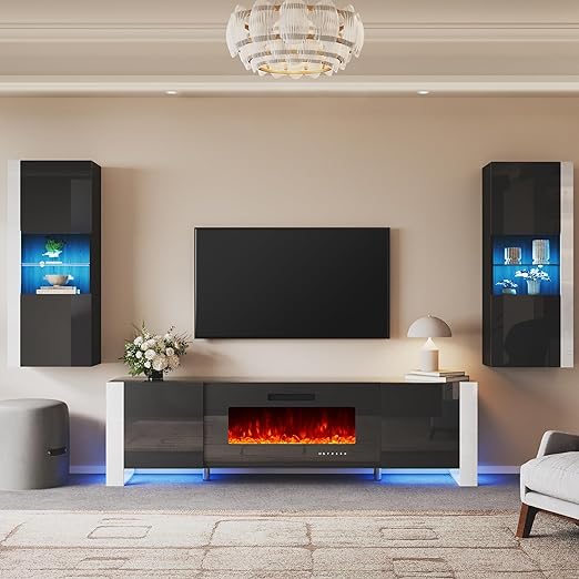 3-Piece Modern Wall Unit Entertainment Center Set, High Gloss 80" Fireplace