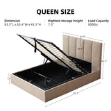 Queen Bed Frame with Storage, Beige, Lift Up Mechanism, Soft Upholstered, Headboard,