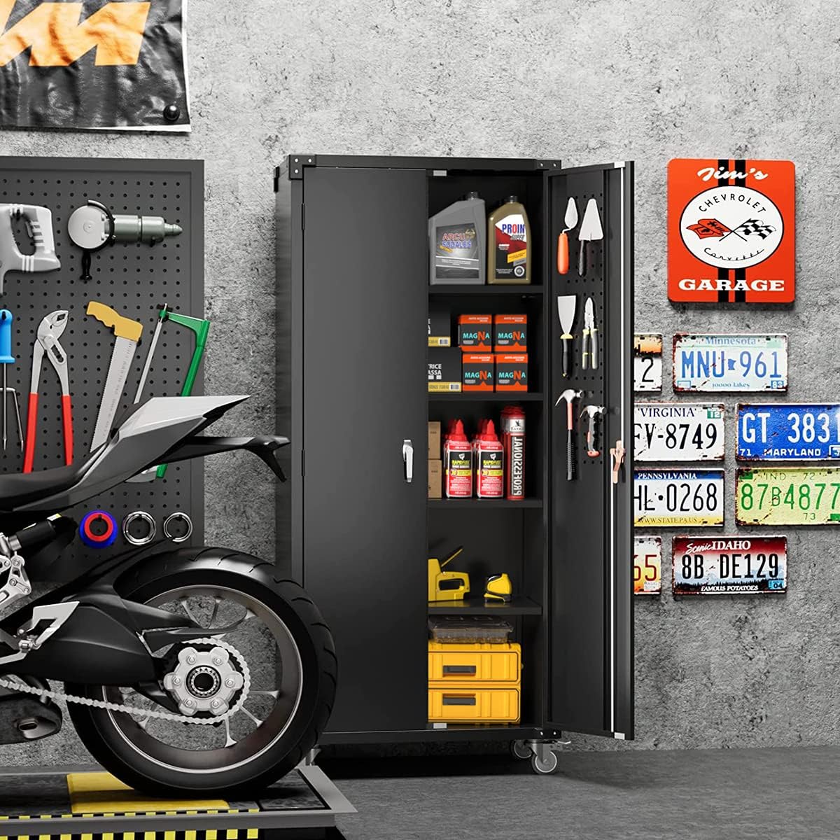 GangMei Garage Storage Cabinet with Wheels & Pegboard, 72" H Locking Metal Storage Cabinet with Doors and 4 Adjustable Shelves for Garage Workshop Home, Assembly Required, Black