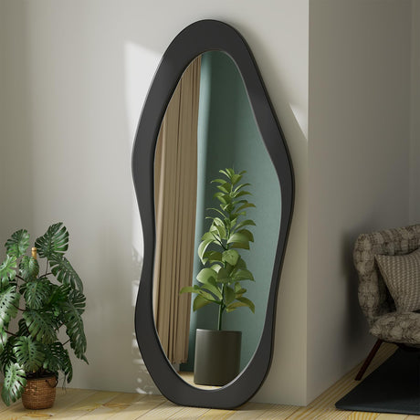 67"x 30" Irregular Wavy Full Length Mirror Wood Full Length Mirror Irregular Wavy Full Body Mirror Wooden Framed Mirror Hanging/Leaning