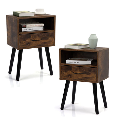 Nightstands Set of 2, Night Stand with Drawer and Open Storage Shelf, Bedside Tables with Solid Wood Legs, End Table, Side Table, for Bedroom, Retro Brown