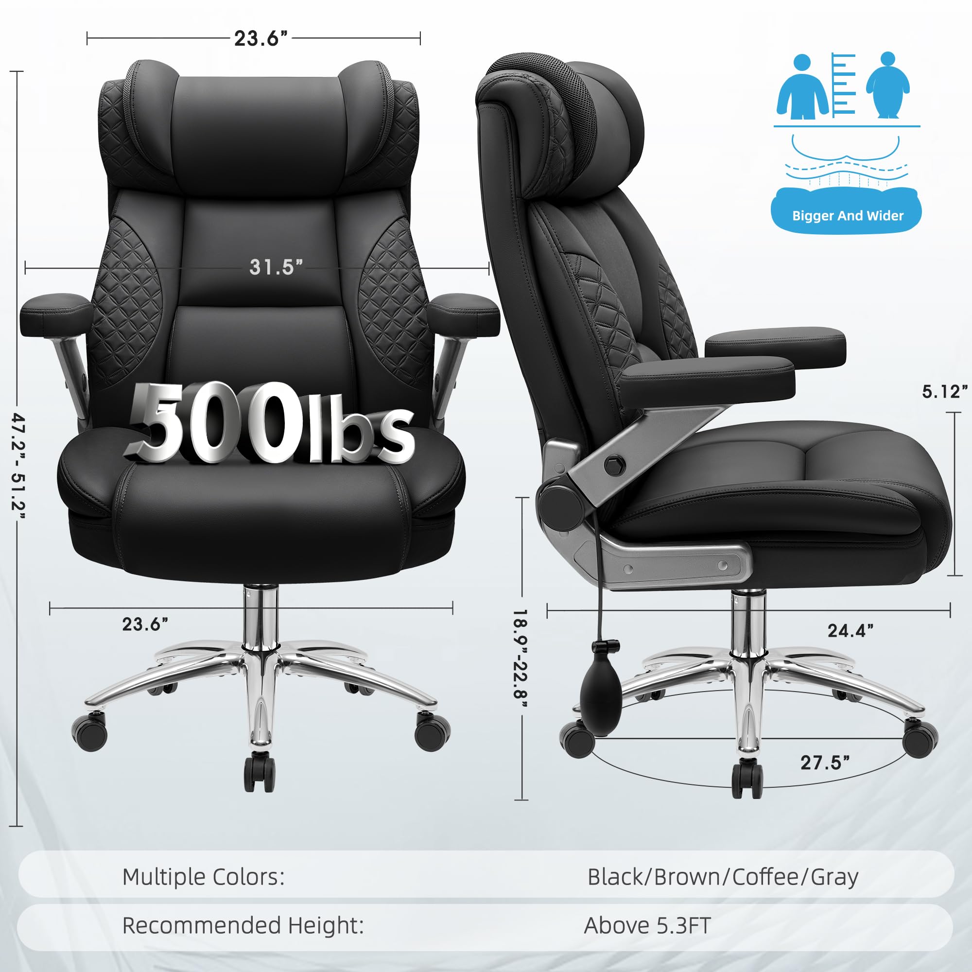 500LBS Big and Tall Office Chair with Adjustable Lumbar Support