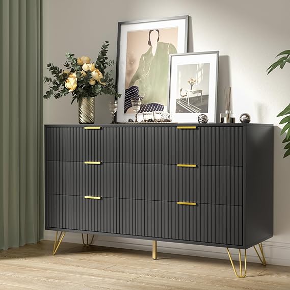 White Dresser, Modern 6-Drawer Dresser for Bedroom with Gold Handles