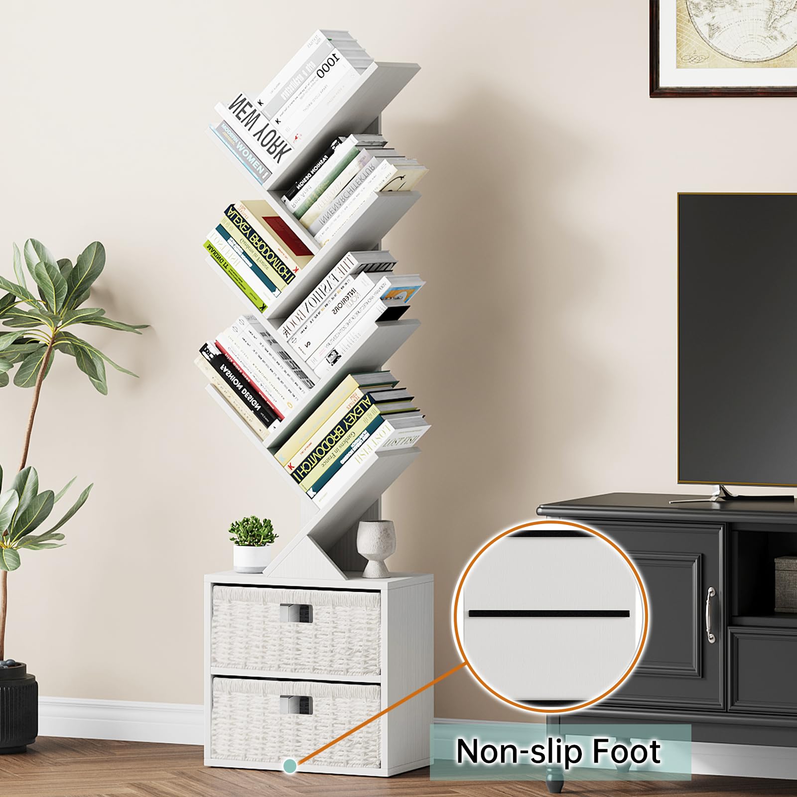 6 Tier Tree Bookshelf, Modern Floor Standing Bookcase with Storage Drawer, Space Saving Storage Organizer Book Shelves for Books, Tall Wood Storage Rack for Bedroom/Living Room/Home Office
