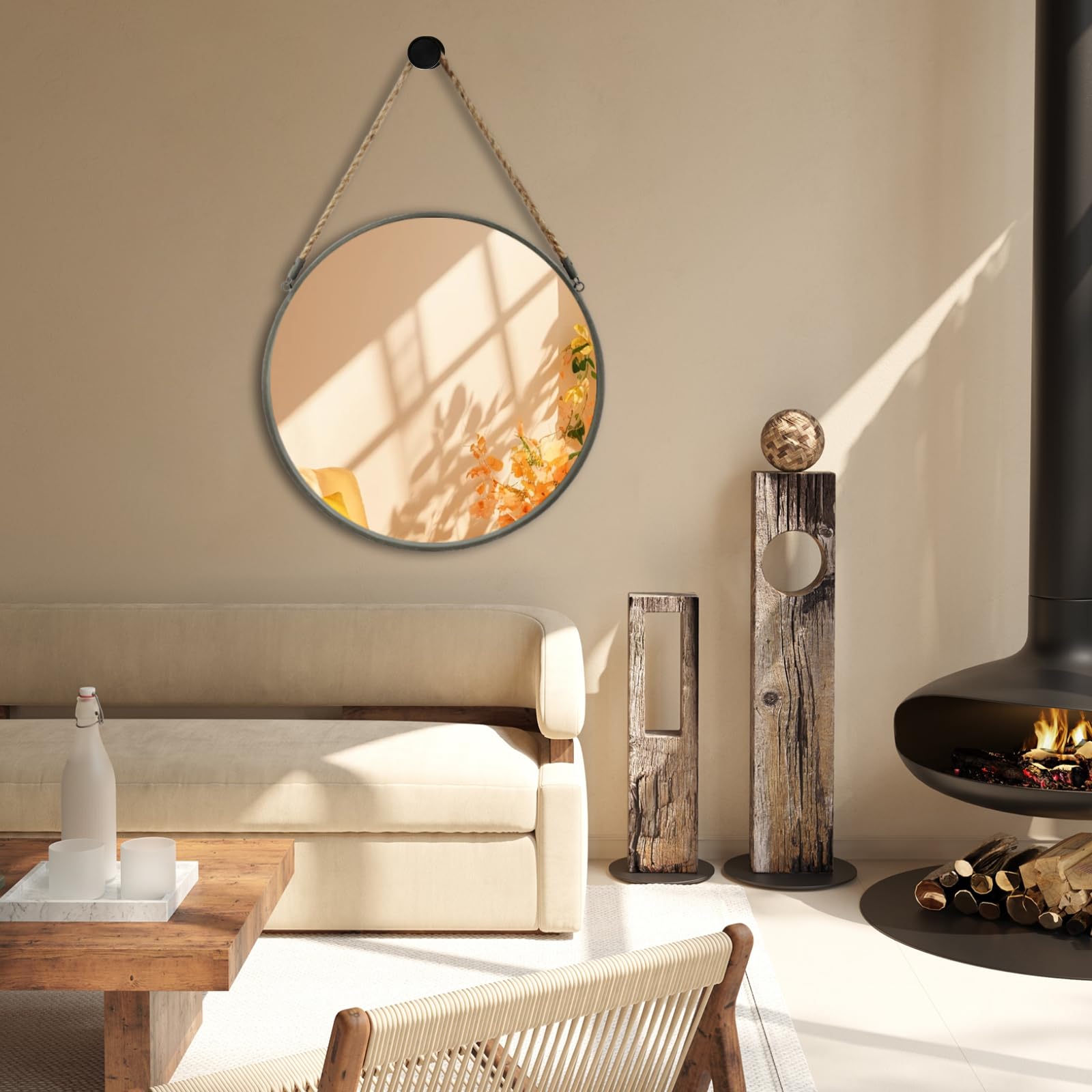 Round Hanging Mirror, Circle Wall Mirror with Rope, Farmhouse Mirror