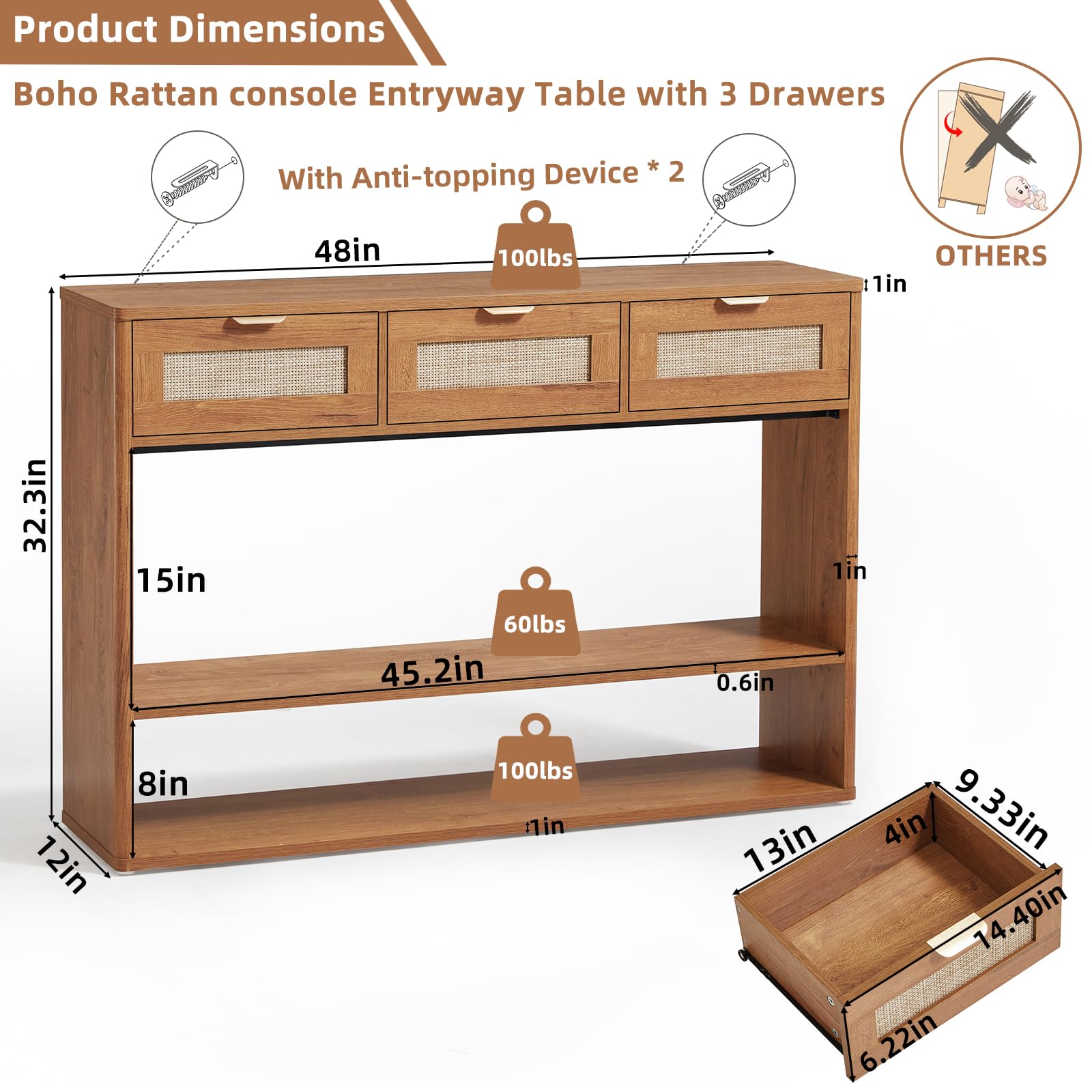 48" Boho Rattan Console Table with 3 Drawers