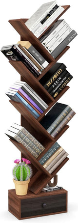 Tree Bookshelf with Drawer, 10 Shelf Space Saving Rustic Brown Wooden Bookcase