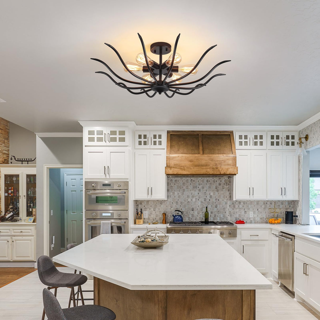 Semi Flush Mount Ceiling Light, 6-Light Modern Close to Ceiling Light Fixtures, 31.5" Kitchen Ceiling Lights Black Light Fixture for Dining Room Living Room Bedroom Bathroom Entryway Hallway Farmhouse