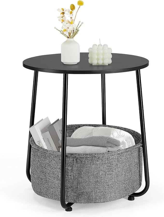 Table with Fabric Storage Basket, Sofa Table with Metal Frame, End Tables with Removable Tray