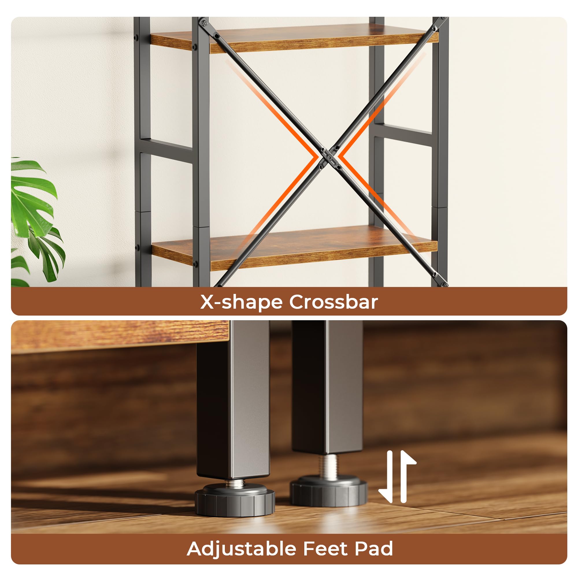 Triple 4 Tier Bookshelf, Bookcase with 11 Open Display Shelves, Wide Book Shelf Book Case for Home & Office, Rustic Brown