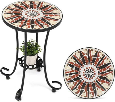 Mosaic Accent Table, 14" Round Side Table,End Table, Plant Stand Decor