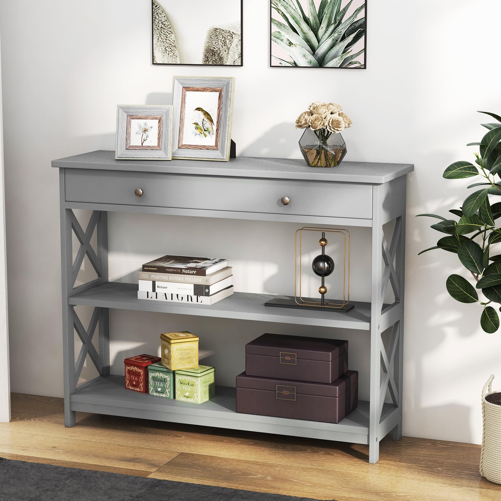 3-Tier Console Table, Wooden Sofa Tables Narrow Long with Large Drawer & 2 Open