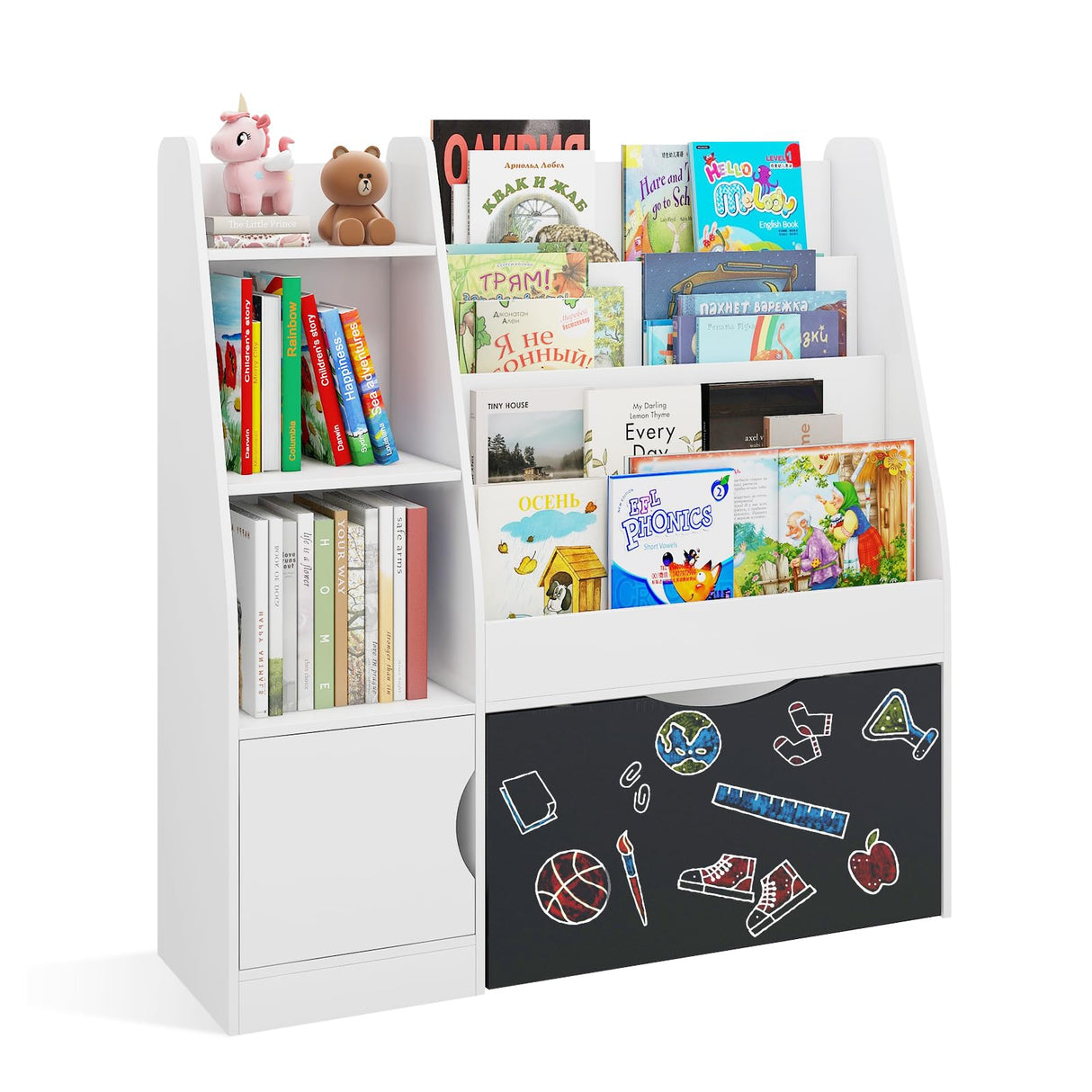 Bookshelf and Toy Storage Organizer with Pull-Out Drawers, White Children Small Book