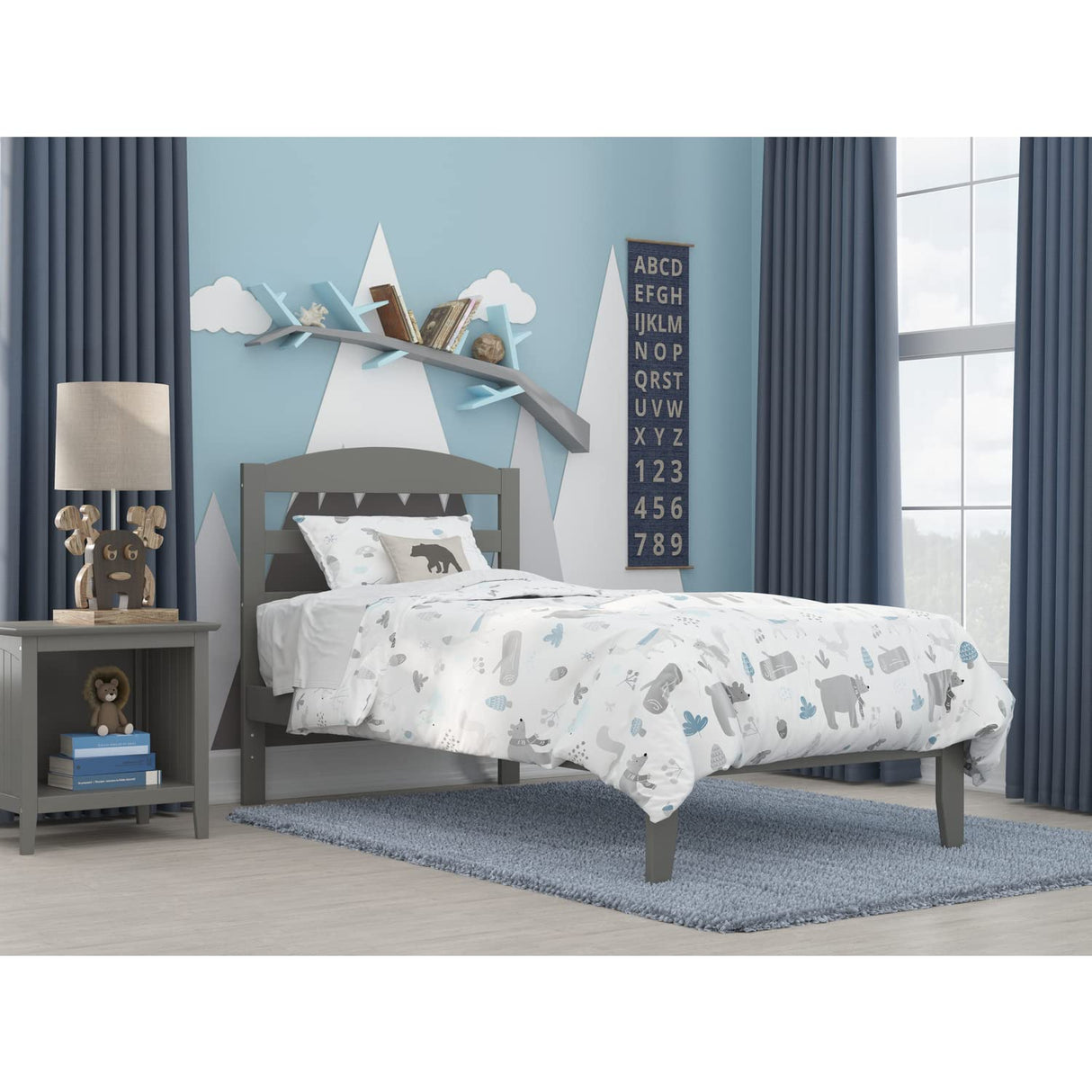 Wood Traditional Twin Bed with USB Charger in Gray