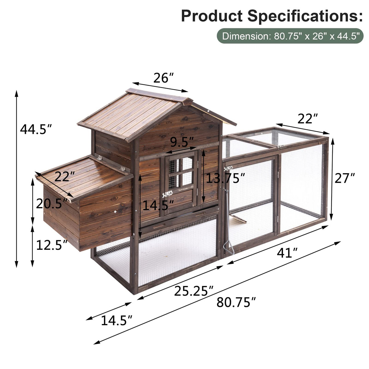 Chicken Coop, 80-in Outdoor Wooden Chicken Coops Poultry Hen House Cages