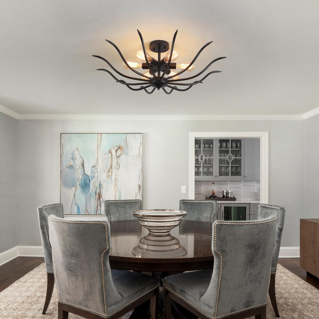 Semi Flush Mount Ceiling Light, 6-Light Modern Close to Ceiling Light Fixtures, 31.5" Kitchen Ceiling Lights Black Light Fixture for Dining Room Living Room Bedroom Bathroom Entryway Hallway Farmhouse