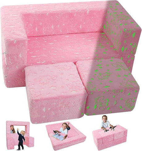 Modular Kids Play Couch Sofa – Pink Convertible Toddler Couch, Fold-Out Plush Foam Chair for Children’s Playroom