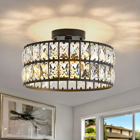 Modern Bedroom Light Fixtures Ceiling, 12.5" Round Drum Crystal Chandelier 3-Light