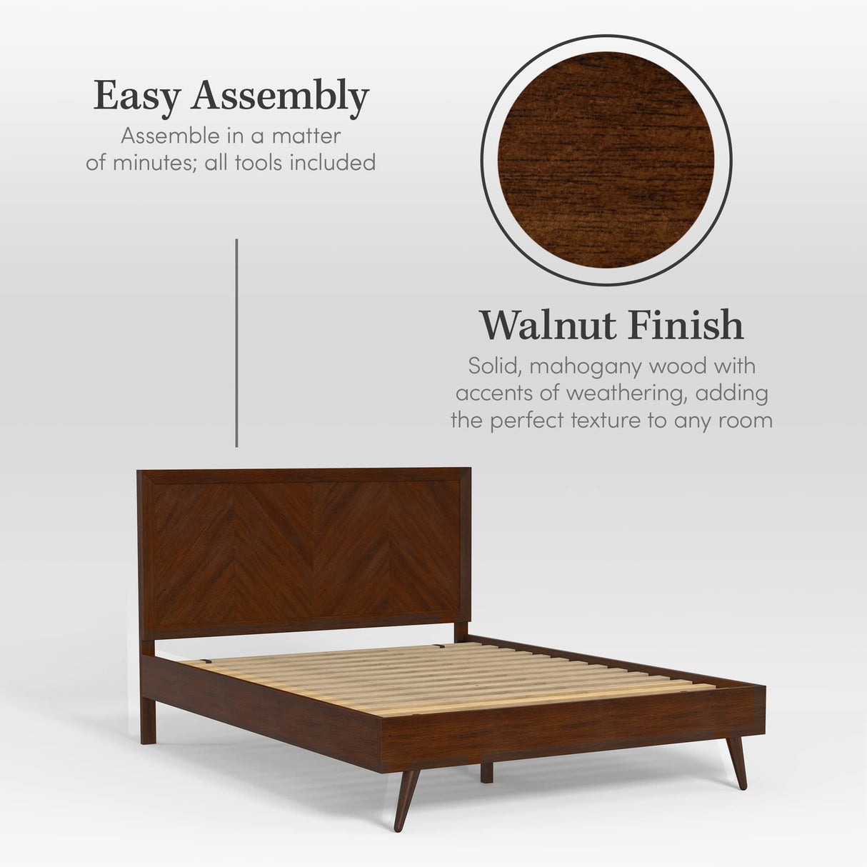 Mahogany Wood Platform Bed Frame with Headboard | King, Walnut