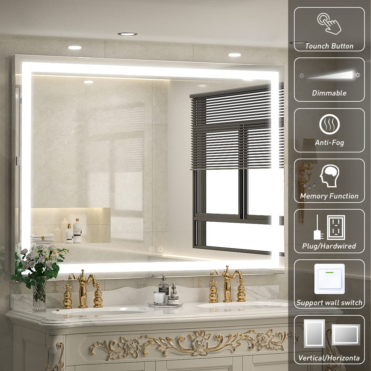 48x36 Inch LED Lighted Bathroom Mirror for Vanity, Anti-Fog Wall Mounted Mirror with