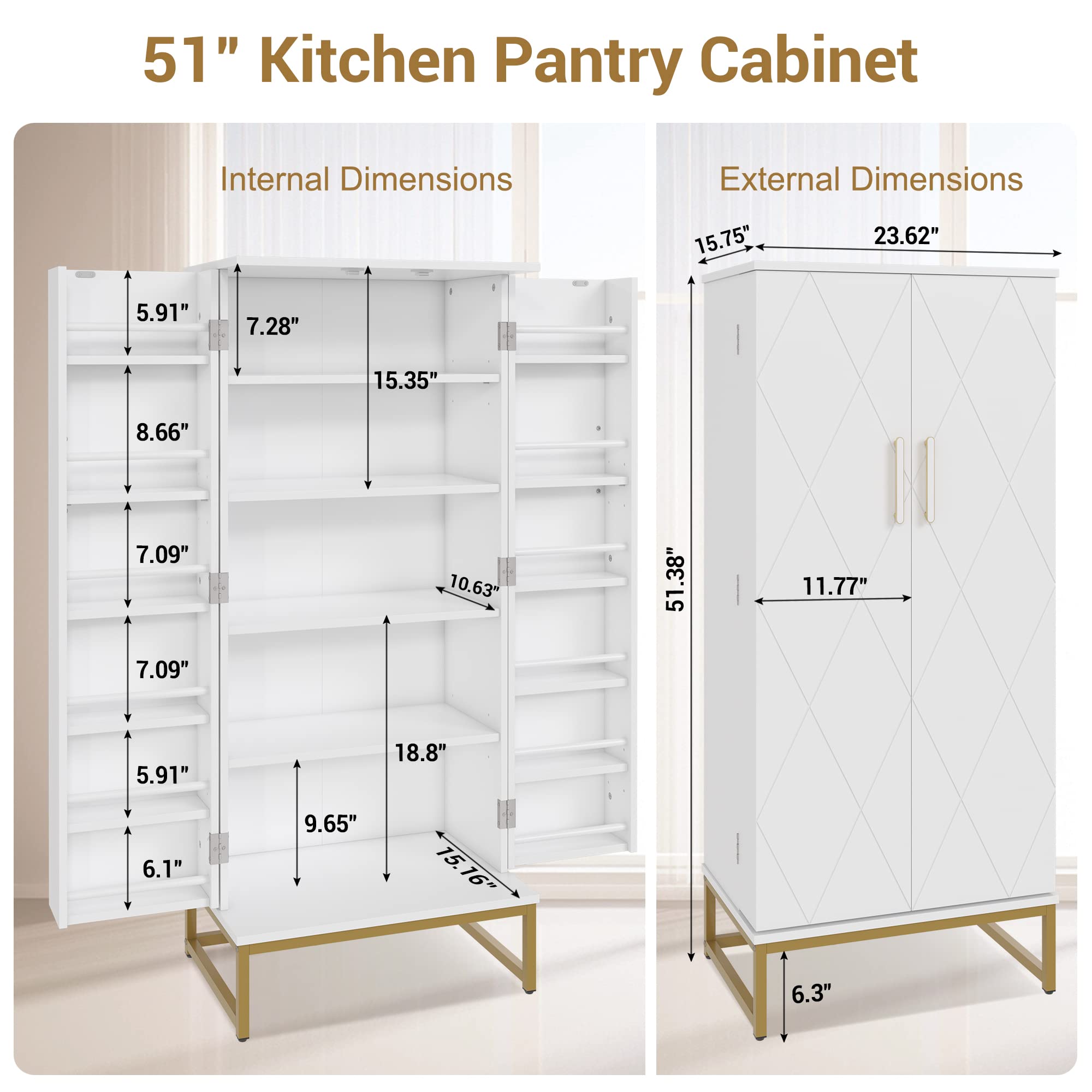 51” Pantry Cabinets, White Freestanding Kitchen Pantry Storage Cabinet with Adjustable