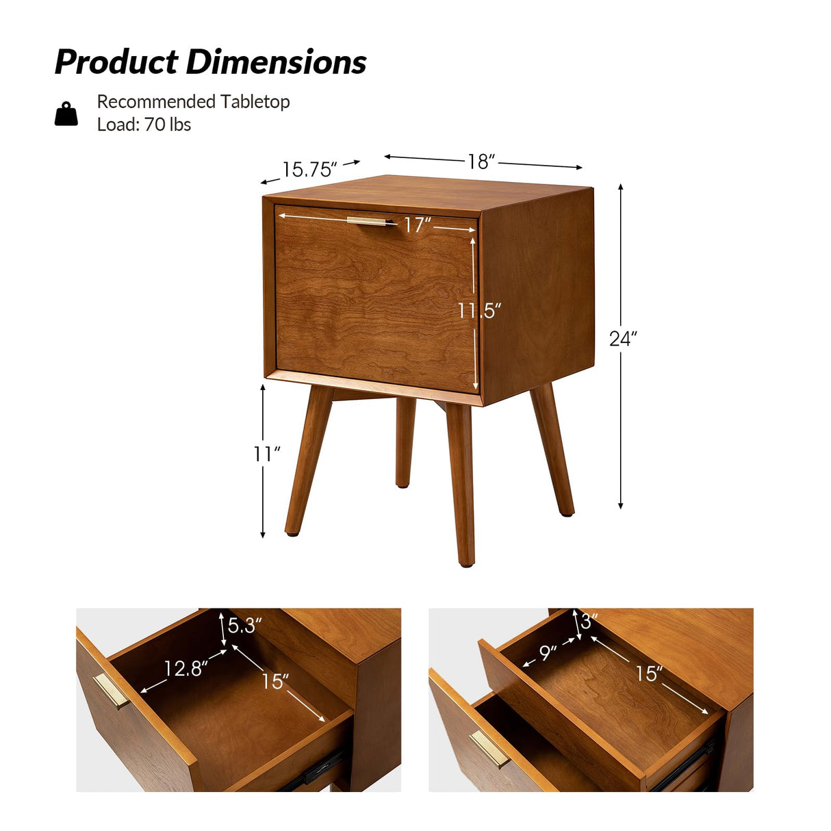 Nightstand with Charging Station, Mid-Century Modern Nightstands