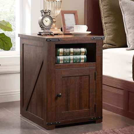 Farmhouse Nightstand with Charging Station, 20" Rustic End Table w/Barn Door, Wood