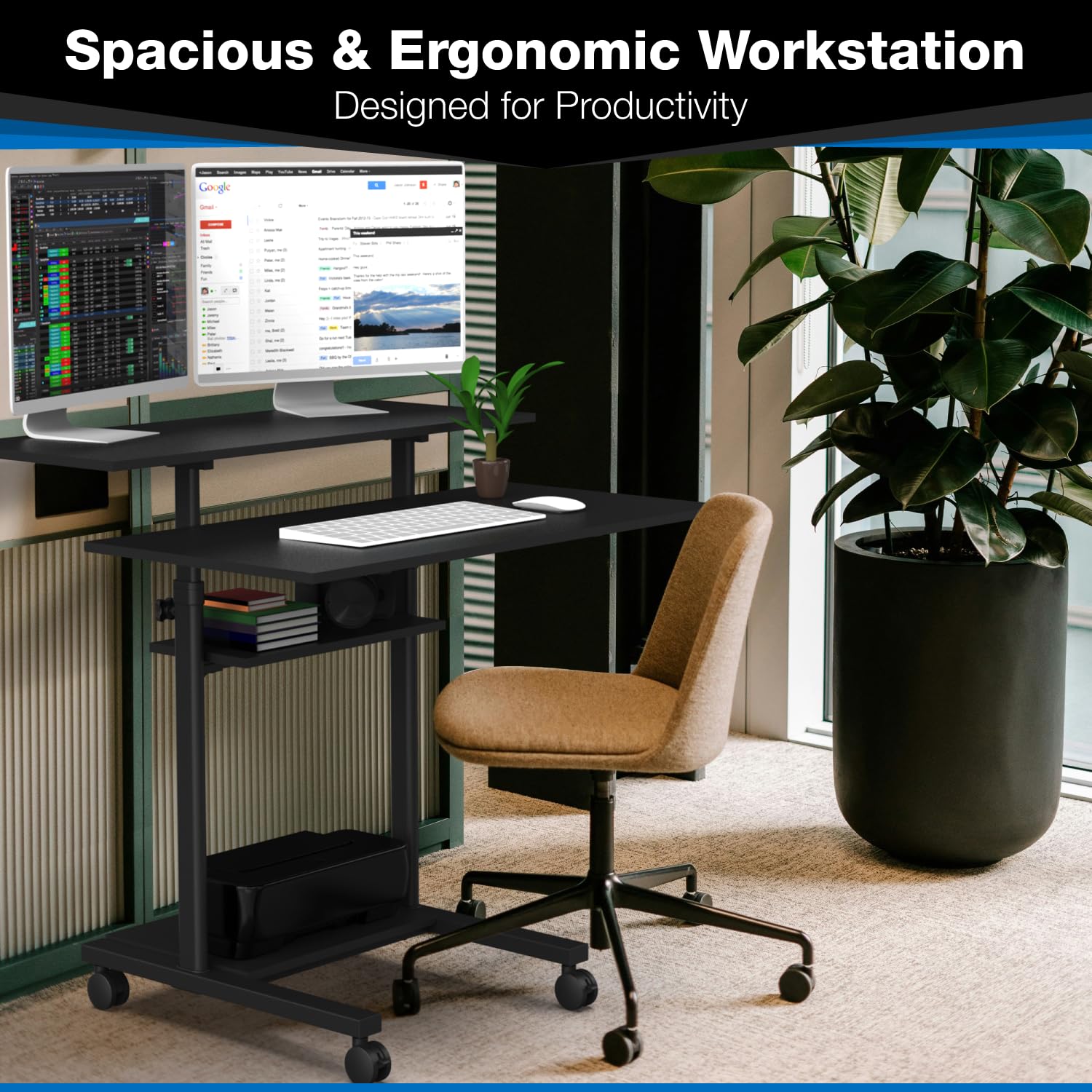 Mount-It! Mobile Desk Workstation 40 Inch Wide Large Rolling Computer Desk is Height Adjustable to 64 Inches, Sit Stand Computer Cart with Multi Level Shelves on Wheels in Black