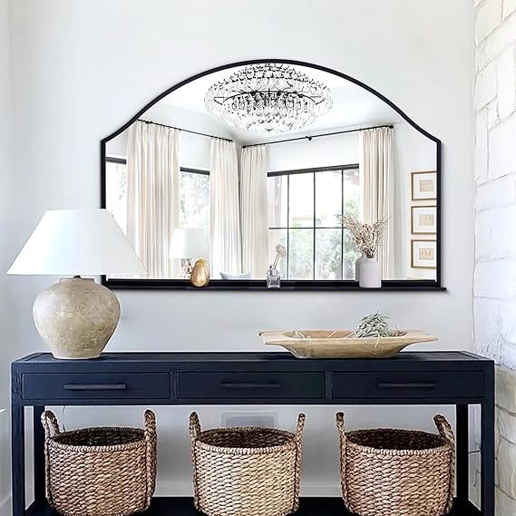 30x20 Black Arch Mirror with Shelf - Matte Metal Frame Wall Mirror