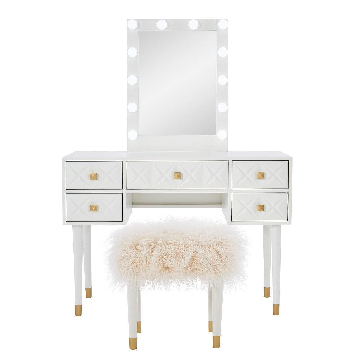 Makeup Vanity Two Piece Set with Lighted Glam Mirror Accents, White and Gold