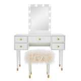 Makeup Vanity Two Piece Set with Lighted Glam Mirror Accents, White and Gold