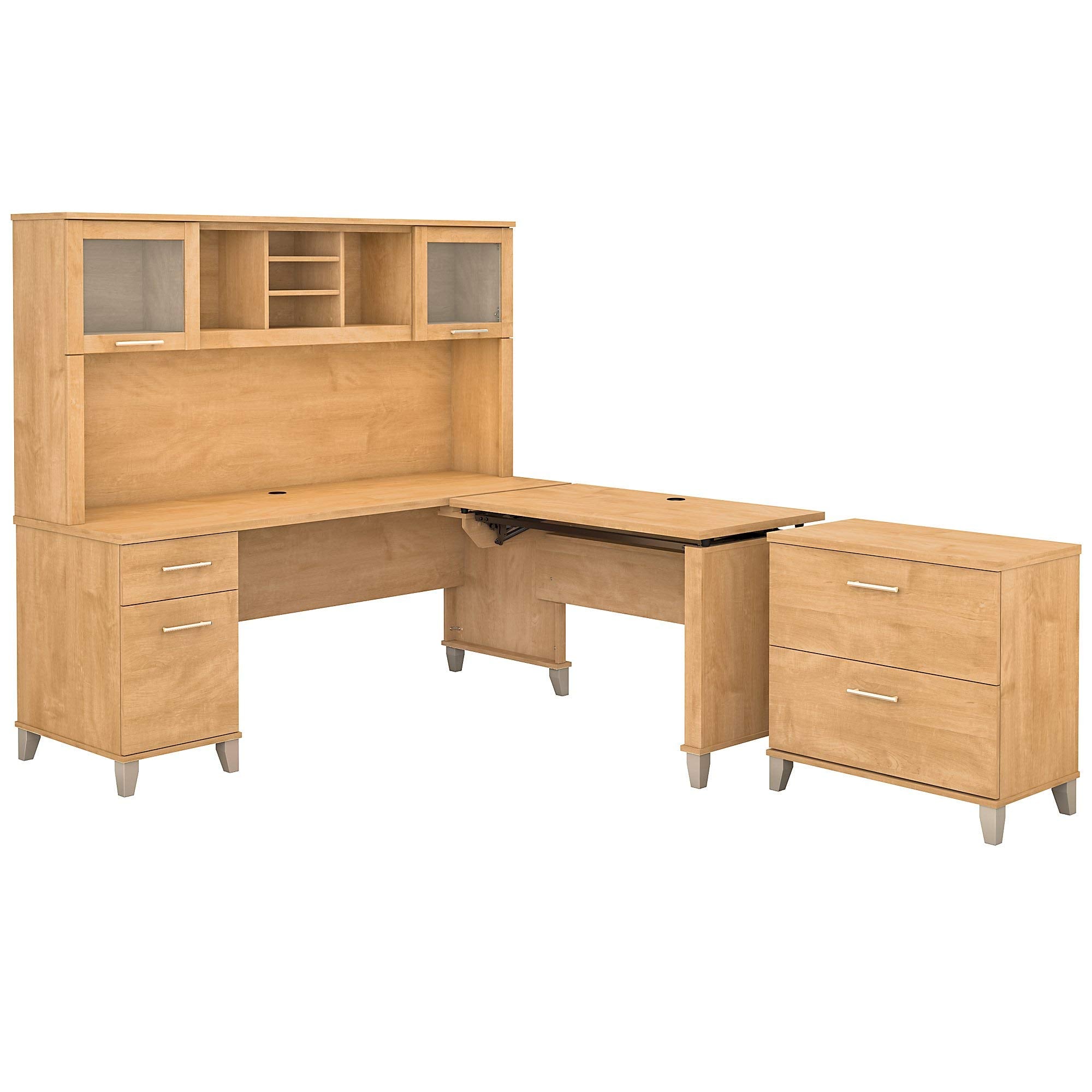 Somerset 72W 3 Position Sit to Stand L Shaped Desk with Hutch and File Cabinet in Maple Cross
