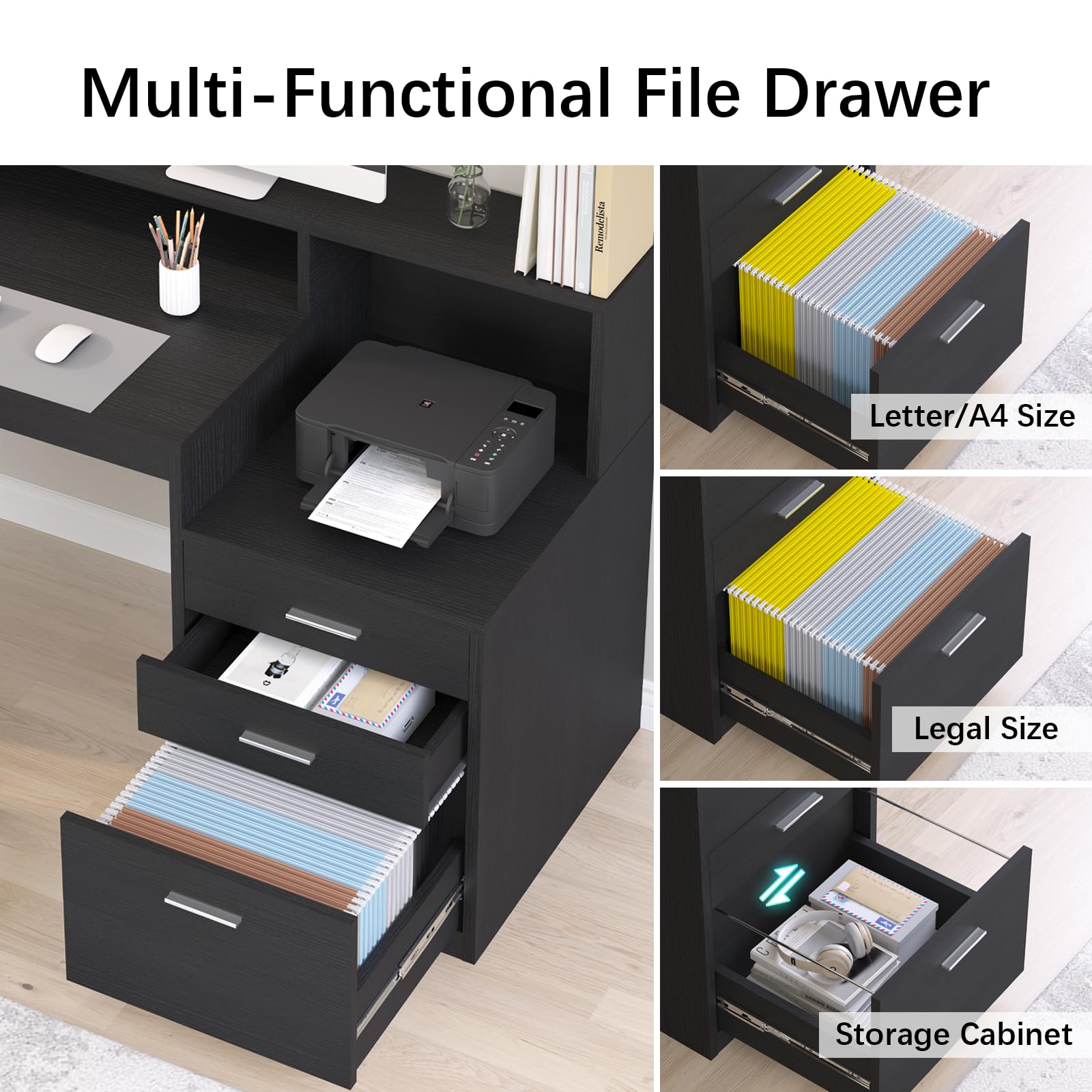 YOMILUVE Computer Desk with 3 Drawer & Storage Shelves, Home Office Desk with File Drawer & Cabinet, Writing Study Table with Long Monitor Stand & Printer Shelf, Executive Workstation