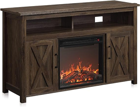 Modern 48 Inch Barn Door Wood Electric Fireplace TV Stand