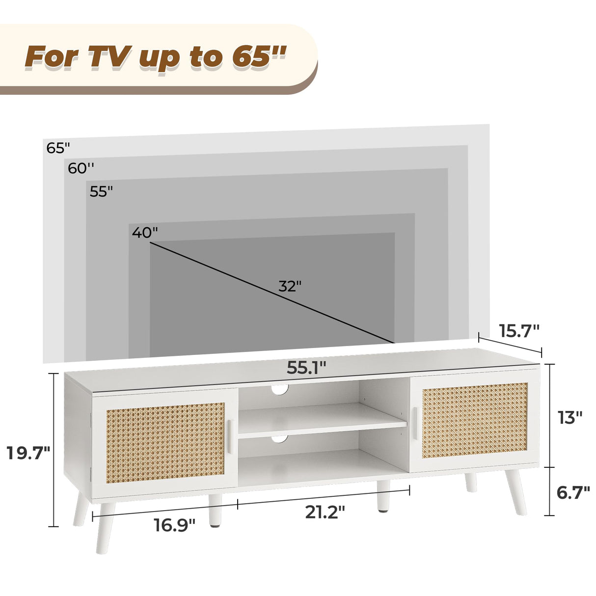 55 Inch TV Stand, Entertainment Center with Adjustable Shelf, Rattan TV Console