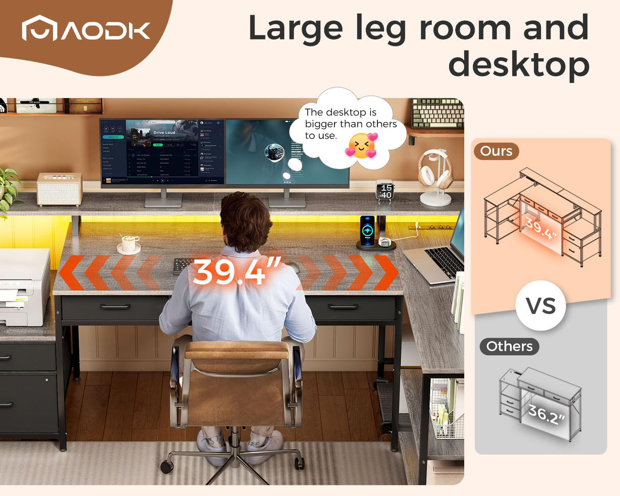 L Shaped Desk with 5 File Drawers, 66" Reversible L Shaped Computer Desk