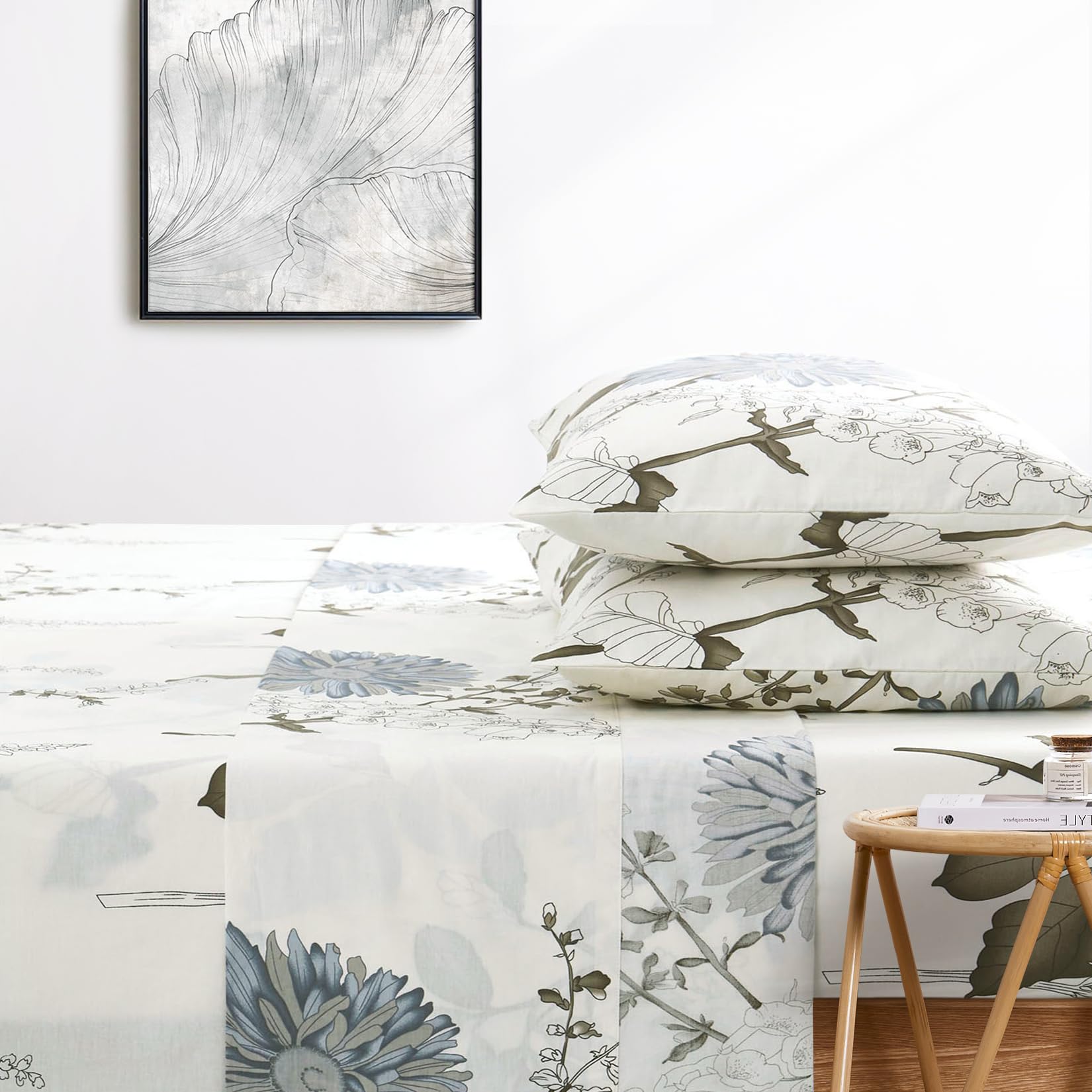 Floral Bed Sheets, 4-Piece Sheet Set, Vintage Flower Shabby Chic Botanical Coquette Cottagecore Sunflower