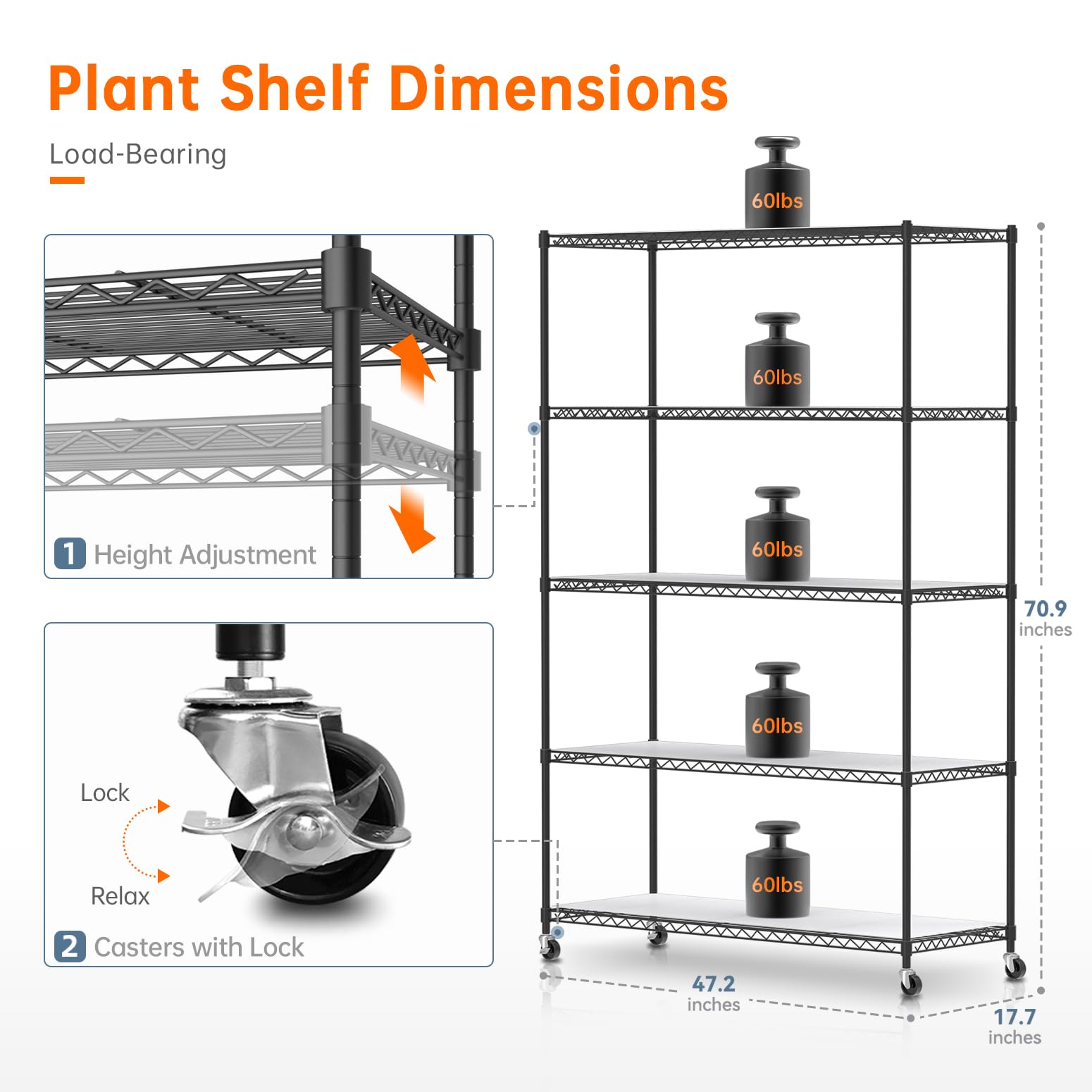 Bstrip Plant Shelf with Grow Lights, 5 Tier Large Tall Plant Stand with 3FT T5 144w Grow Light for Indoor Plants, 3 Mode Full Spectrum LED Plant Light with wheel and Timer for Seedling, 47.2x17.8x71IN