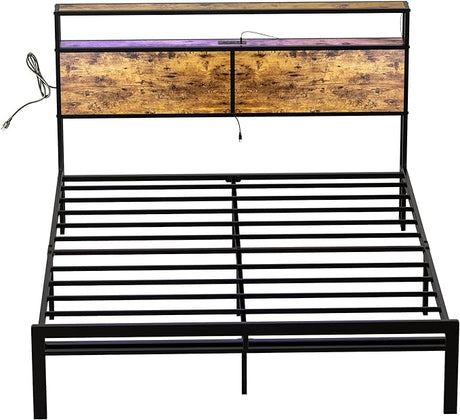 Full Bed Frame with Storage Headboard Metal Platform Bed with LED Lights USB Ports