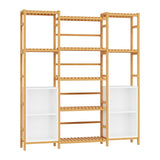 Bamboo Shelf Bookcase, Triple Wide Bookshelf with 4 Cubes & 9 Shelves, Large Bookshelf with Storage, Plant Shelf Bathroom Shelf Pantry Shelf Standing Organizer Unit, Natural