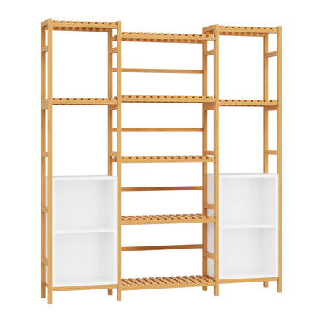 Bamboo Shelf Bookcase, Triple Wide Bookshelf with 4 Cubes & 9 Shelves, Large Bookshelf with Storage, Plant Shelf Bathroom Shelf Pantry Shelf Standing Organizer Unit, Natural